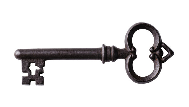 Antique ornate iron key with decorative bow and rustic shaft
