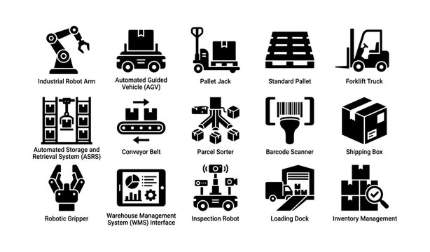 Warehouse automation and equipment icons on white background
