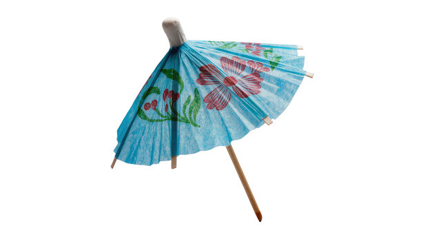 Blue Floral Paper Cocktail Umbrella with Wooden Handle and Ribs