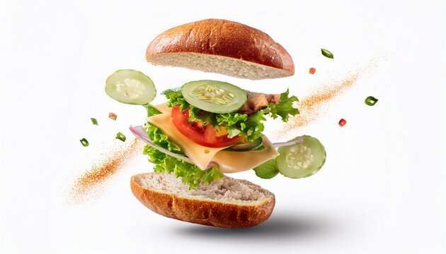 deconstructed banh mi sandwich with white background floating layers