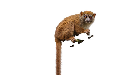 Fototapeta premium Brown Lemur Perched on Branch with Long Tail and Amber Eyes