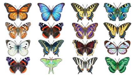 Obraz premium Colorful butterfly collection with 16 species, isolated on transparent background. Great for clipart, stickers, t-shirt design, print on demand, and sublimation projects.
