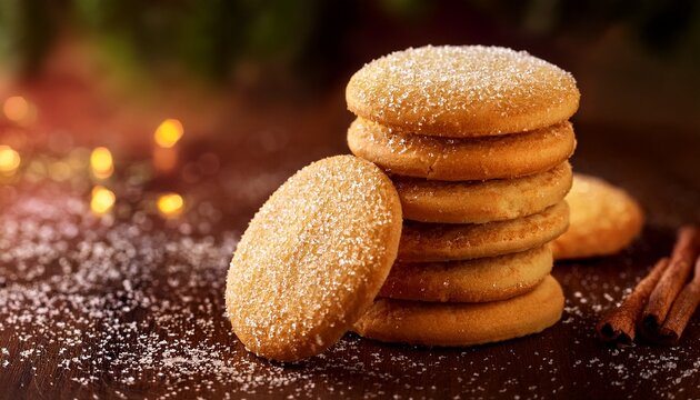 stack of golden crisp round cookies sprinkled with sugar crystals showcasing a rich buttery texture and inviting baked aroma in warm lighting background