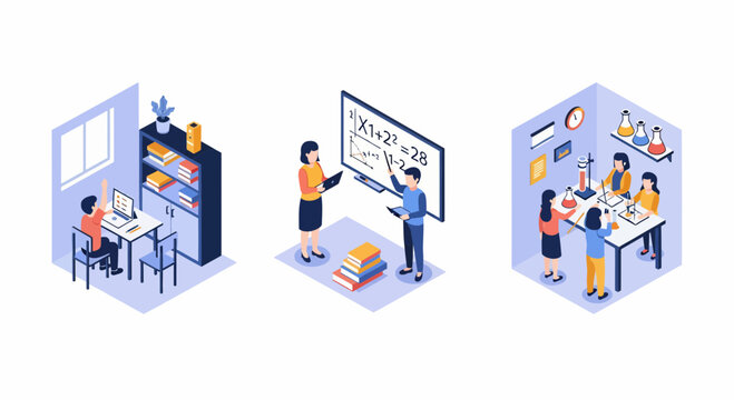 school education learning student teacher study lab math science desk computer book chalkboard kids isometric