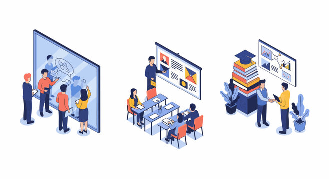 Isometric illustration showing students and professionals working together on collaborative group projects using technology and books