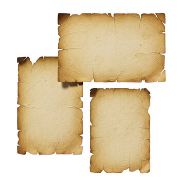 Four Aged Parchment Papers with Worn Edges Isolated on Transparent Background