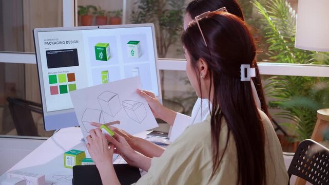 Two asian woman graphic designers analyzing product package prototype, reviewing paper sketch at home office, comparing physical box mock up with computer screen display with artificial intelligence.