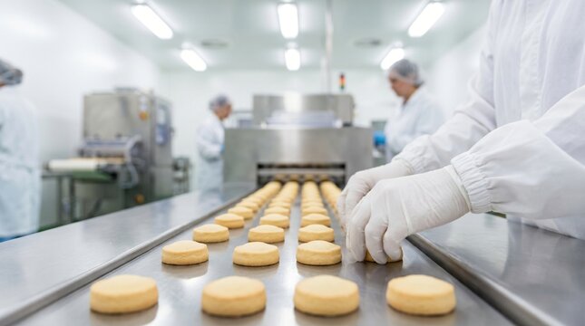 Food production line with workers in sterile uniforms inspecting cookies on conveyor belts
