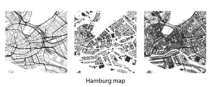 Hamburg City Map Vector Set, Detailed Germany Urban Plan with Streets and Buildings, Black and White Minimalist Cartography for Design and Navigation