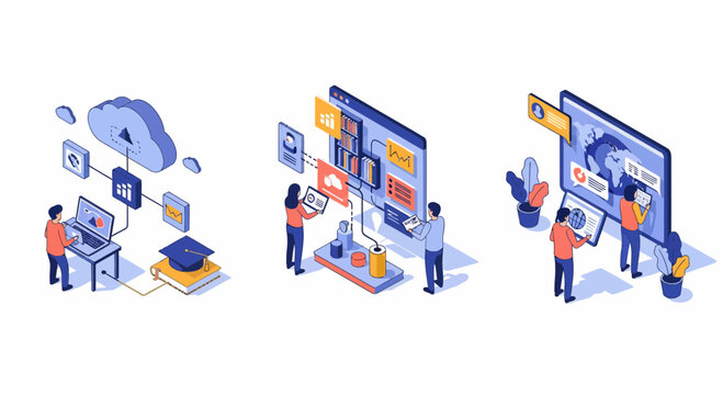 Digital cyberspace knowledge flow where people use cloud computing and data analytics for online education and learning