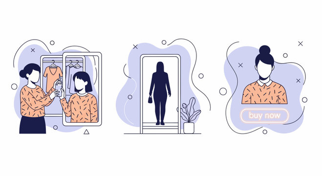 Digital shopping retail experience with woman using virtual fitting room technology to choose clothes in cyberspace store