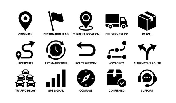 Delivery and location icons arranged in grid on white surface
