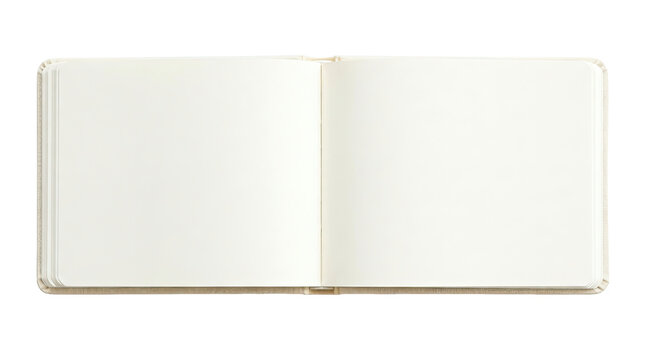 Open blank sketchbook with empty white pages, isolated on transparent background. Ready for clipart, stickers, t-shirt design, print on demand, and sublimation projects.