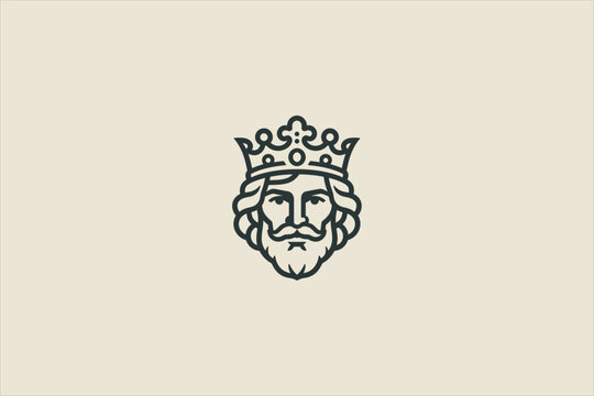 Minimalist black line art of a king&rsquo;s face with crown, symmetrical design, clean vector style, bold outline, suitable for logo, icon, branding, and modern illustration use. Vector illustration.