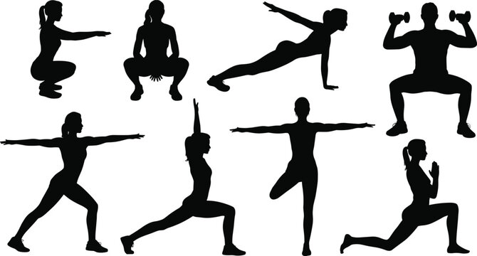 Fitness yoga silhouette icon set, exercise pose vector, workout design illustration, strength balance graphic, healthy lifestyle emblem artwork