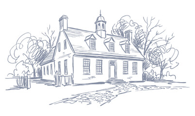 Naklejka premium Vector line art of a vintage building. Old Building In Jamestown City.