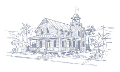 Fototapeta premium Vector line art of a vintage building. Old Building In Key West City.