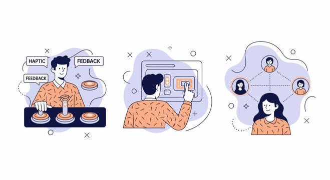 Man uses haptic tech and social web with touch screen in a vector set