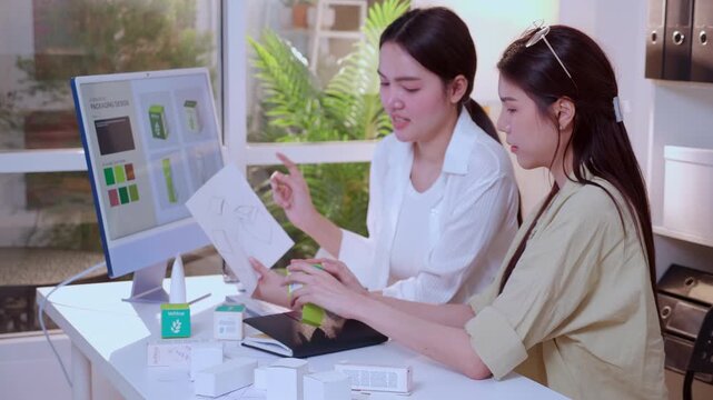Two asian woman graphic designers analyzing product package prototype, reviewing paper sketch at home office, comparing physical box mock up with computer screen display with artificial intelligence.