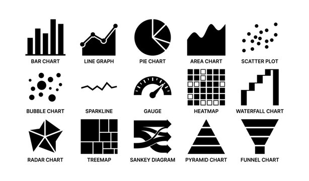 Data visualization icons illustrating common chart types and graphs