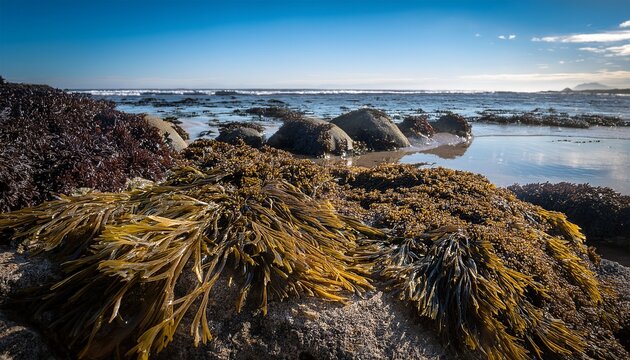 close up of fucus vesiculosus seaweed growing on a coastal rock surface at low tide