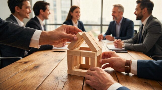 Business team hands building house model from wooden blocks on meeting table representing teamwork real estate planning mortgage insurance and investment strategy concept