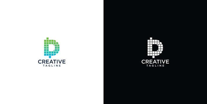 Digital letter D logo concept with pixelated dollar sign. Modern design for financial technology, creative branding, or innovative business identity