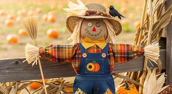 Scarecrow in a pumpkin patch farm.
