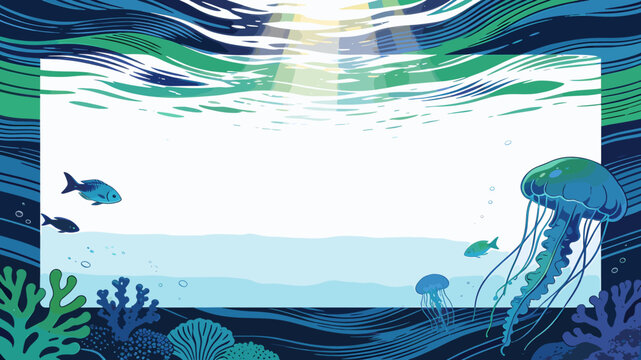 Vibrant underwater illustration with a large jellyfish, small fish, coral, and sun rays, featuring a central white frame for text or content.