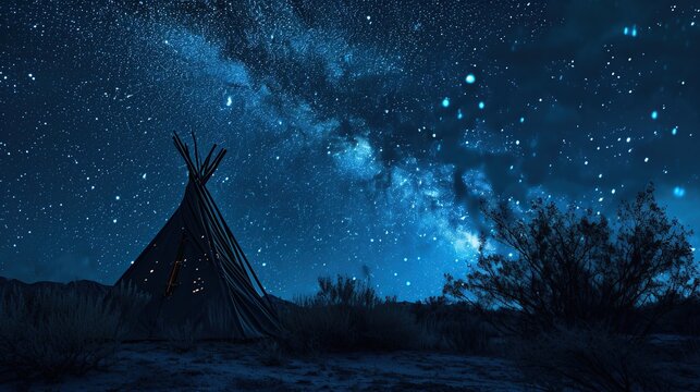 Desolate Native American-style teepee camp under a vast starry night sky