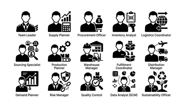 Supply chain role icons displayed in grid on white background
