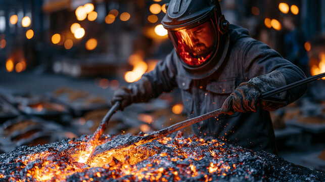 Steel foundry worker using a long rod to skim slag from molten iron surface, face shield glowing red, foundry floor strewn with sand molds ready for pour, perfect for industrial process, foundry ope