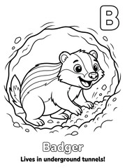 Obraz premium Cute cartoon badger emerging from its underground burrow, educational illustration for children