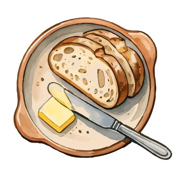 A fresh loaf of brown wheat bread and a slice of bread with butter sit isolated on a white wooden board after being cut with a bakery knife for a healthy breakfast meal
