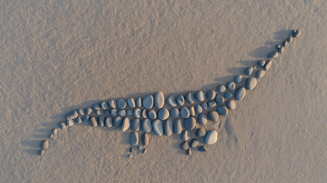 plesiosaur. Outline of a plesiosaur made from grey river stones on a sandy beach. wildlife magazines, conservation campaigns, designed for wildlife conservation campaigns, celebrates biodiversity.