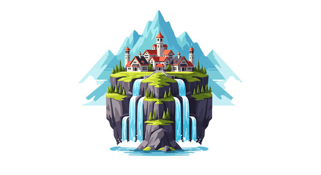 Fantasy Castle Village on a Cliff with Waterfalls and Mountains