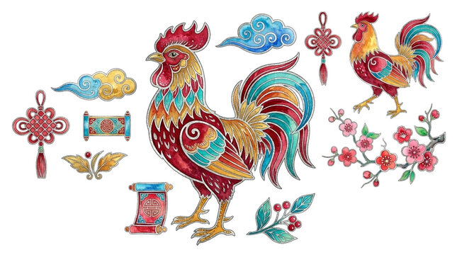 Colorful Chinese zodiac rooster set with floral branches, lucky knot, clouds, and scroll, isolated on transparent background, ready for stickers, sublimation, and t-shirt design.