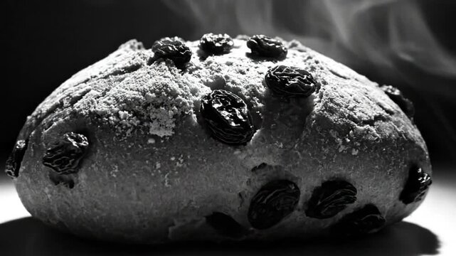 Black and white close up of a steaming raisin bread loaf with artistic lighting and shallow depth of field