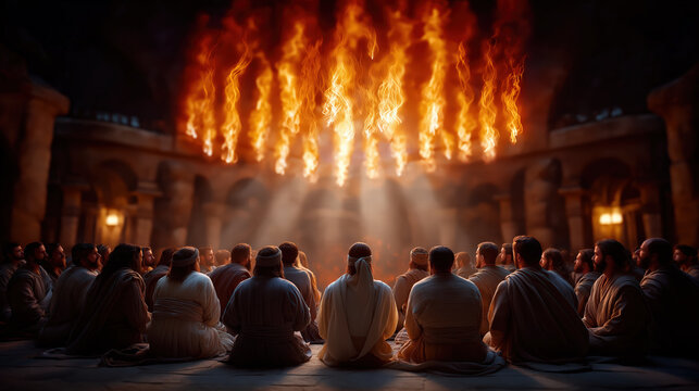 Pentecost scene with Jesus&rsquo; disciples filled with the Holy Spirit, tongues of fire above their heads, radiant light, awe and wonder, dramatic and sacred biblical moment of divine empowerment