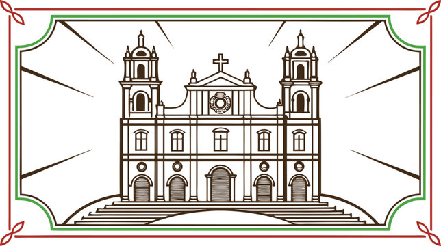 Of a church with twin towers and cross, in a decorative border