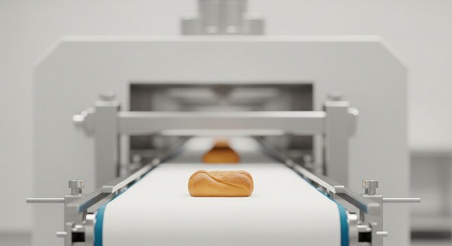 Single golden baked bread roll on a white conveyor belt within an automated food production line