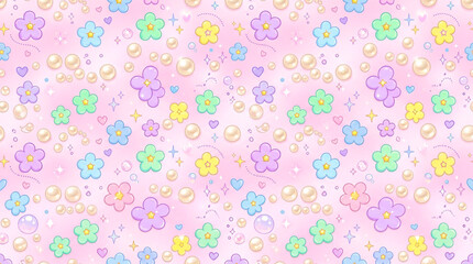 Obraz premium A cute pastel pattern featuring colorful flowers and shimmering pearls in this vibrant artistic digital photograph
