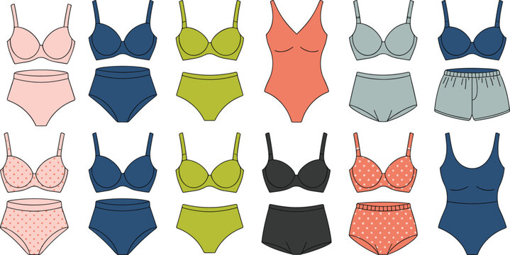 Vector illustration of a large collection of colorful women underwear sets including bras and panties in various flat styles.