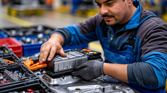 Automotive disassembly technician extracting a battery module from a hybrid vehicle floor pan, organized parts bins surrounding them, clean facility with yellow floor markings, ideal for EV recyclin