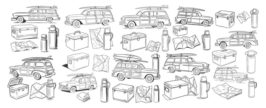 Retro woodie surf wagon car with surfboard cooler box map and thermos for summer road trip
