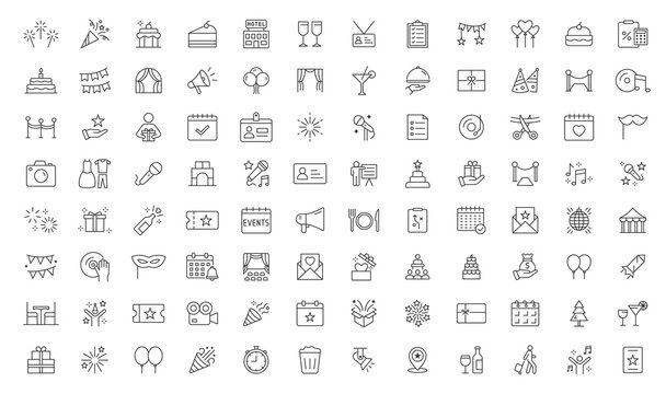 Event planning thin line icon set. Minimal outline vector icons for party, birthday, conference, celebration, and event management editable line icon set.
