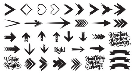 Elegant arrows set for business plan, presentation and education. Sign, Symbol, Hand drawn arrow paint brush design. grunge texture paint brush design. © wellness