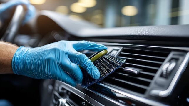 Professional auto detailer cleaning car ac vent with brush and glove to prevent mold and provide mold remediation and interior sanitization.