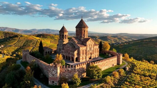 Aerial view of Alaverdi Monastery in Kakheti Georgia showcasing stunning religious architecture nestled in rolling hills amidst autumn colors
