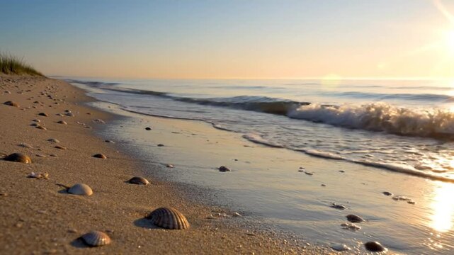 Tranquil coastal beach scene at sunrise with gentle waves lapping sandy shore and seashells